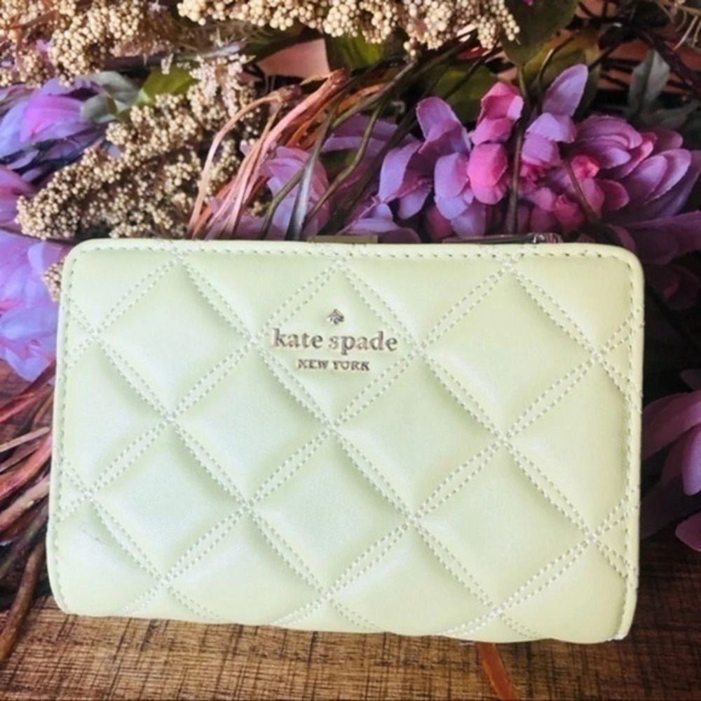 Kate Spade New York Quilted Leather Wallet Green Snap & Zip Compact Bifold NWT